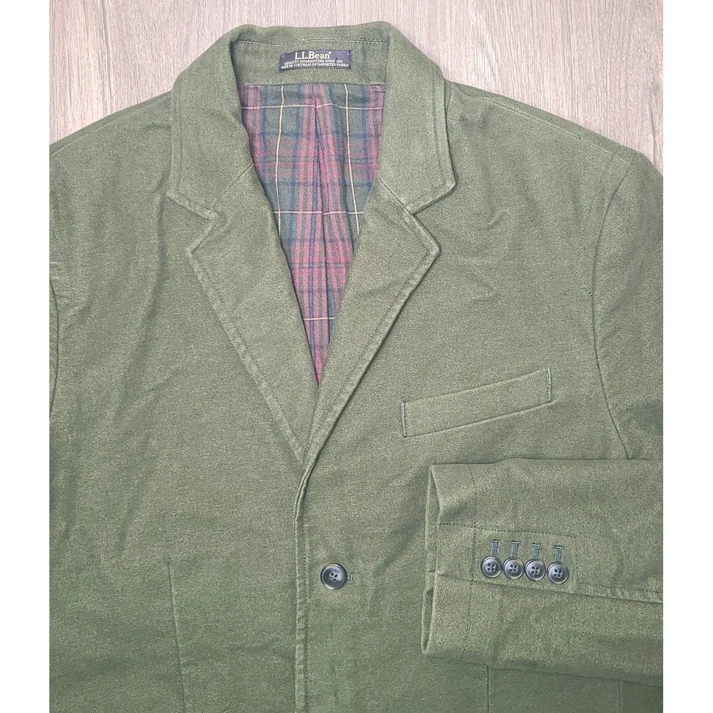 L.L. Bean Blazer Mens 42 Long Green Cotton Knit Plaid Lined 3 Button Jacket